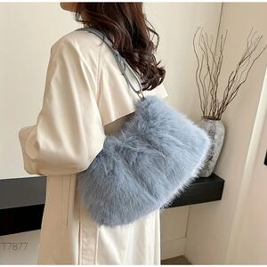 Adorable, soft faux fur ashoulder bag, 15" x 9" x 5". Baby blue